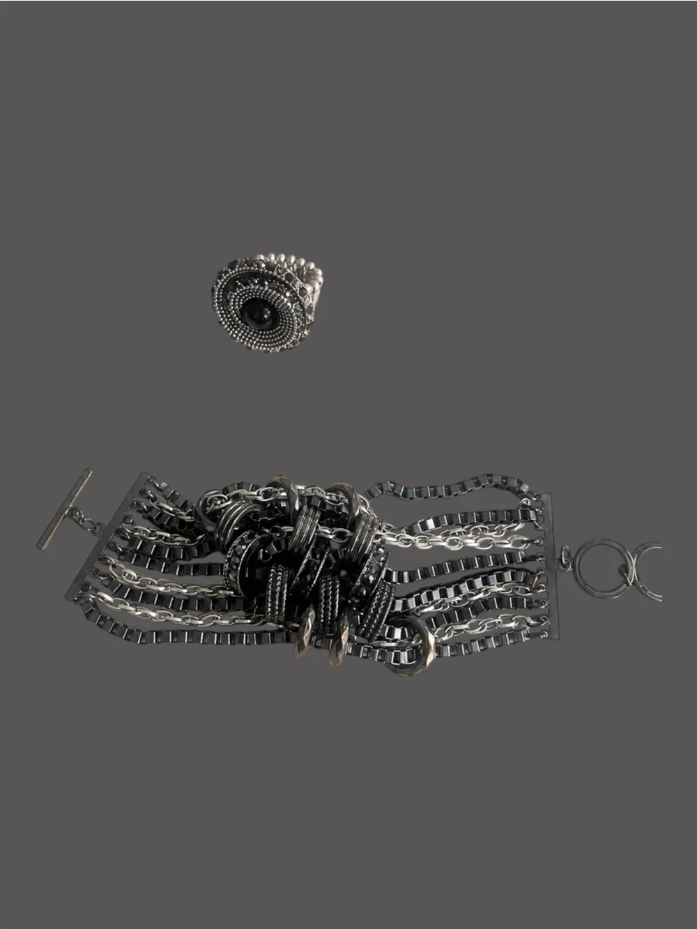 Sterling-Tone Multi-Chain Statement Bracelet and a black elastic band  ring